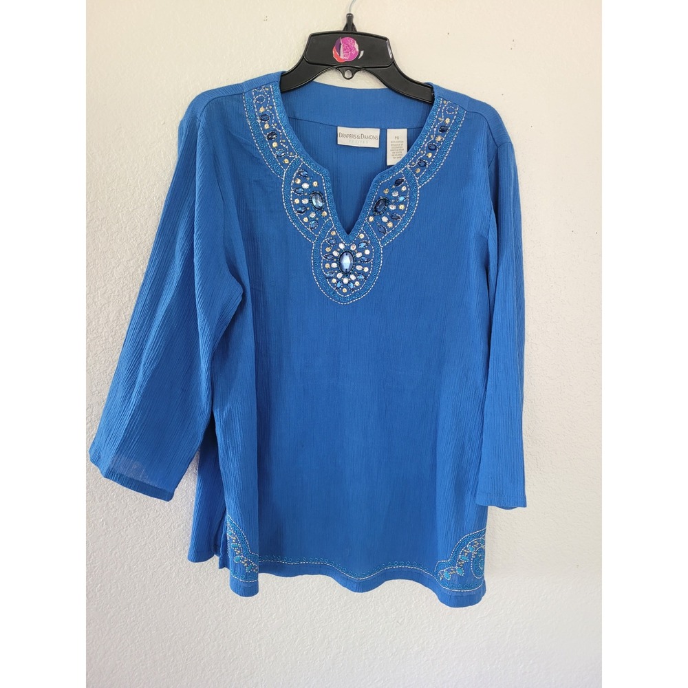 Drapers & Damons Petites Blue Gauze Beaded Tunic Top PS 3/4 Sleeve Boho‎ #20